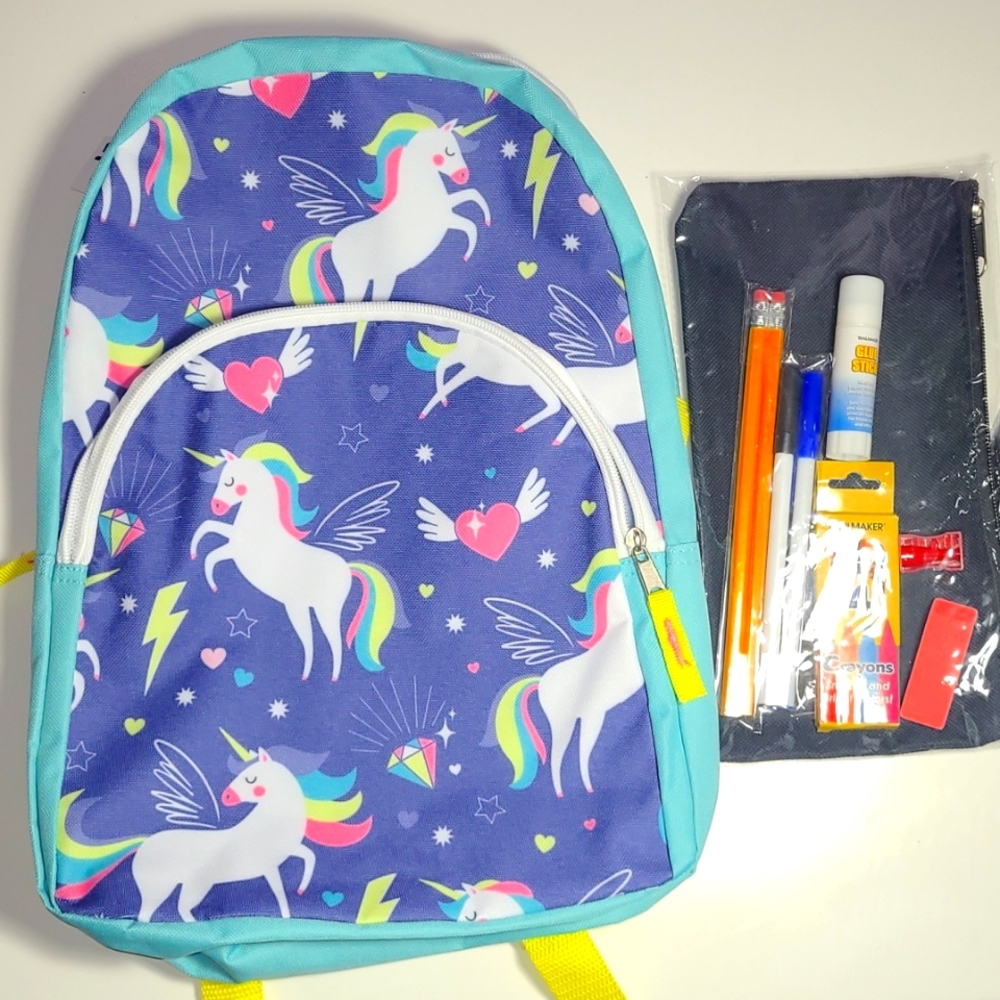 kids girl  Unicorn backpack with pencils , crayons  eraser and Markers & 0-3 NNT